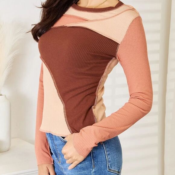 💲1️⃣0️⃣ BundledRib Knit Top Colorblock Long Sleeve Exposed Seams Y2K Trend Sz M - Picture 1 of 9
